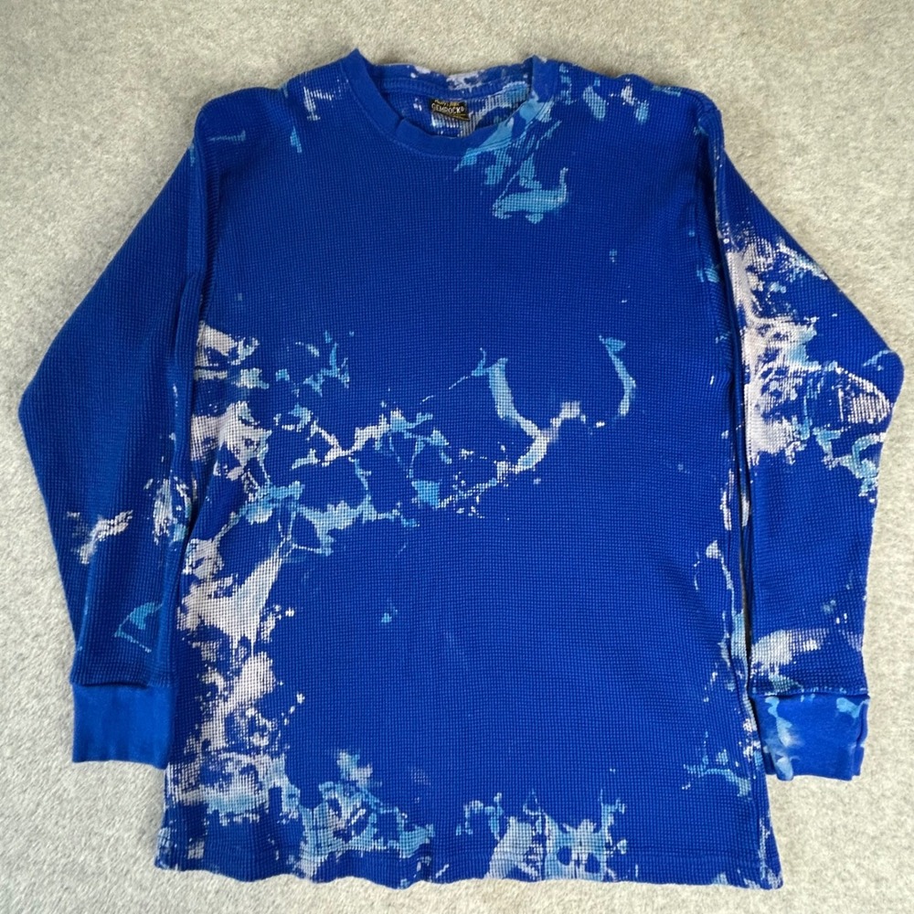 Vintage GemRock XL Blue Bleach Splatter Thermal Long Sleeve Heavy Weight Top Y2K